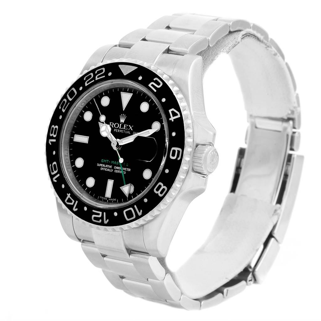 The Rolex GMT-Master 116710 Men's Stainless Steel Black Dial 116710 Men's Stainless Steel Black Dial watch is shown at a slightly elevated angle displaying the face, bezel, crown, and part of the bracelet.