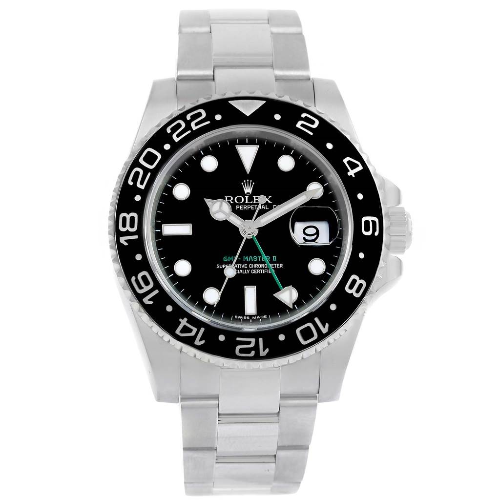 This image shows a front view of a Rolex GMT-Master 116710 Men's Stainless Steel Black Dial 116710 Men's Stainless Steel Black Dial II watch, highlighting its dial, bezel, case, and bracelet.