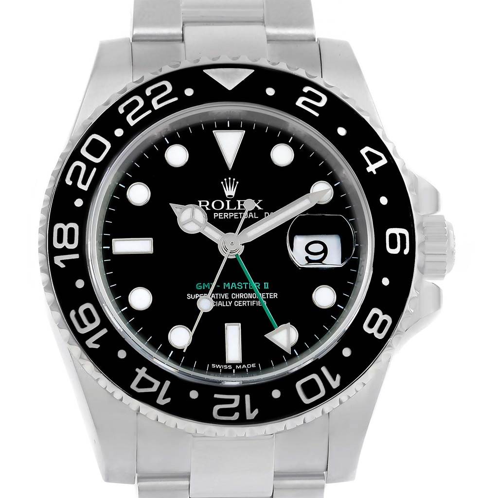 This image shows the face and bezel of a Rolex GMT-Master 116710 Men's Stainless Steel Black Dial 116710 Men's Stainless Steel Black Dial II watch, including hour markers, hands, and date window.