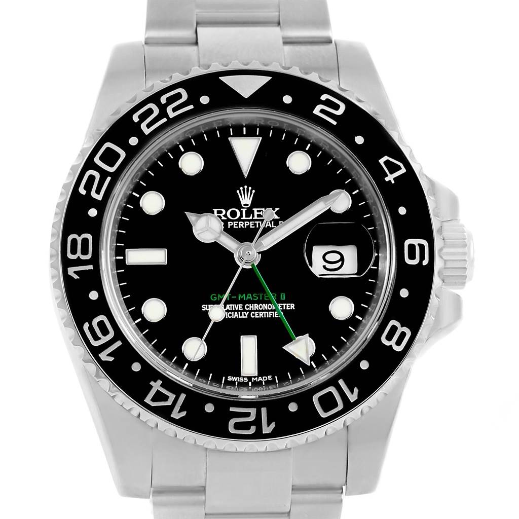 This image shows a front view of the Rolex GMT-Master 116710 Men
s Stainless Steel Black Dial 116710 Men
s Stainless Steel Black Dial watch, highlighting the bezel, dial, and bracelet.