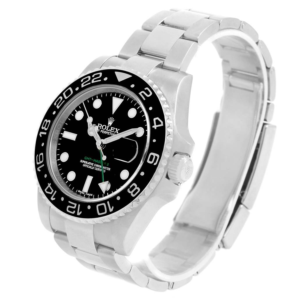 The image shows a Rolex GMT-Master 116710 Men
s Stainless Steel Black Dial 116710 Men
s Stainless Steel Black Dial watch at a three-quarter view angle, highlighting the dial, bezel, and bracelet.
