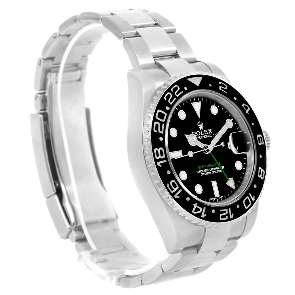 This image shows a side and front angle of a Rolex GMT-Master 116710 Men
s Stainless Steel Black Dial 116710 Men
s Stainless Steel Black Dial watch, highlighting its bezel, bracelet, and dial.
