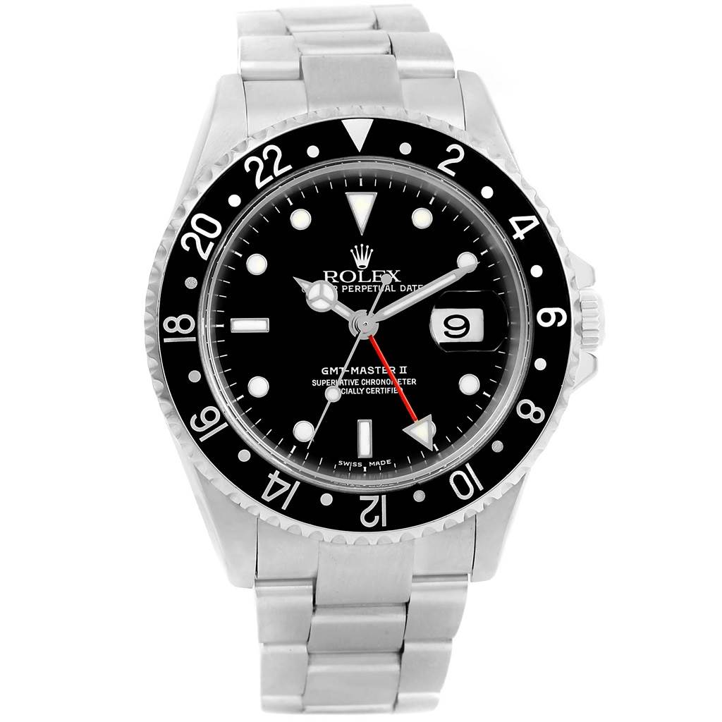 The image shows a front view of a Rolex GMT-Master 16710 Men's Stainless Steel Black Dial 16710 Men's Stainless Steel Black Dial II watch, featuring a black dial, date window, and stainless steel bracelet.