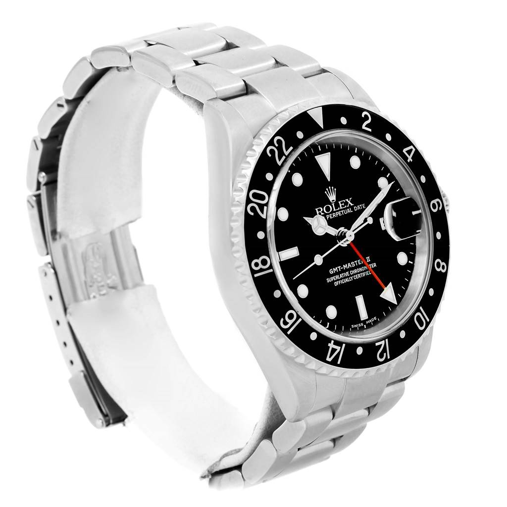 This Rolex GMT-Master 16710 Men's Stainless Steel Black Dial 16710 Men's Stainless Steel Black Dial watch is shown at an angled view, highlighting the dial, bezel, and bracelet.
