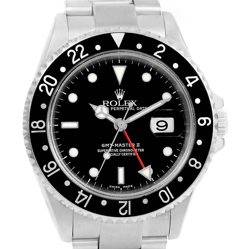 The image shows a front view of a Rolex GMT-Master 16710 Men's Stainless Steel Black Dial 16710 Men's Stainless Steel Black Dial II watch, displaying its face, bezel, and part of its bracelet.