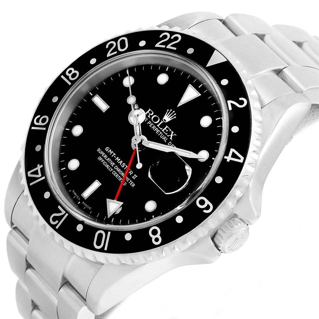 This image shows a Rolex GMT-Master 16710 Men's Stainless Steel Black Dial 16710 Men's Stainless Steel Black Dial II watch from a front angle, highlighting the dial, bezel, and a portion of the bracelet.