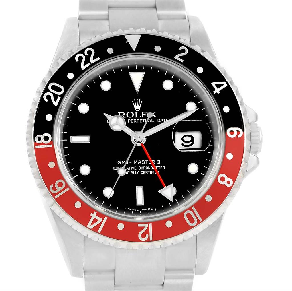 The image shows a front view of a Rolex GMT-Master 16710 Men's Stainless Steel Black Dial 16710 Men's Stainless Steel Black Dial II watch, displaying the bezel, dial, and bracelet.