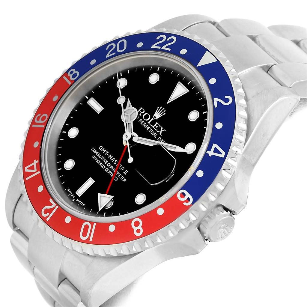 The image shows a Rolex GMT-Master 16710 Men's Stainless Steel Black Dial 16710 Men's Stainless Steel Black Dial II watch at an angle revealing the dial, bezel, and part of the bracelet.