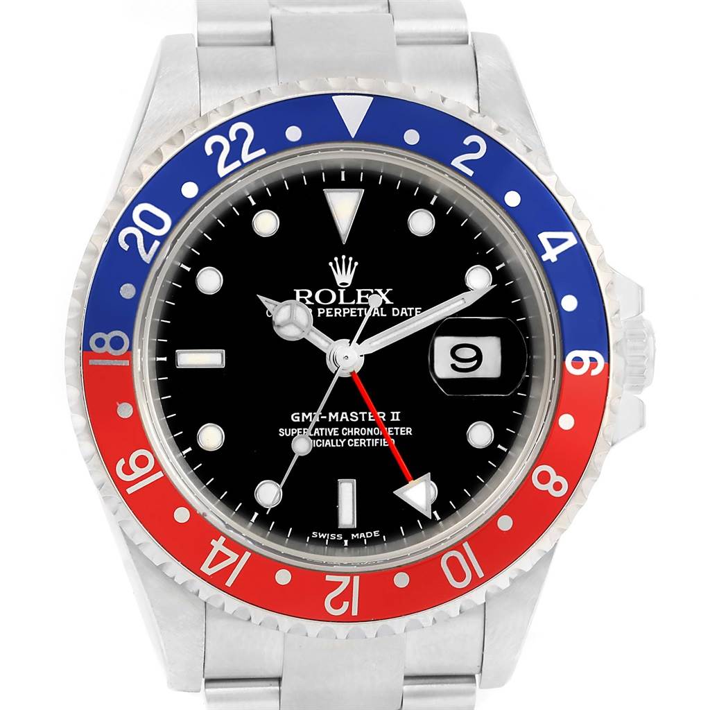 The image shows a frontal view of the Rolex GMT-Master 16710 Men's Stainless Steel Black Dial 16710 Men's Stainless Steel Black Dial II watch, highlighting its black dial and red-blue bezel.