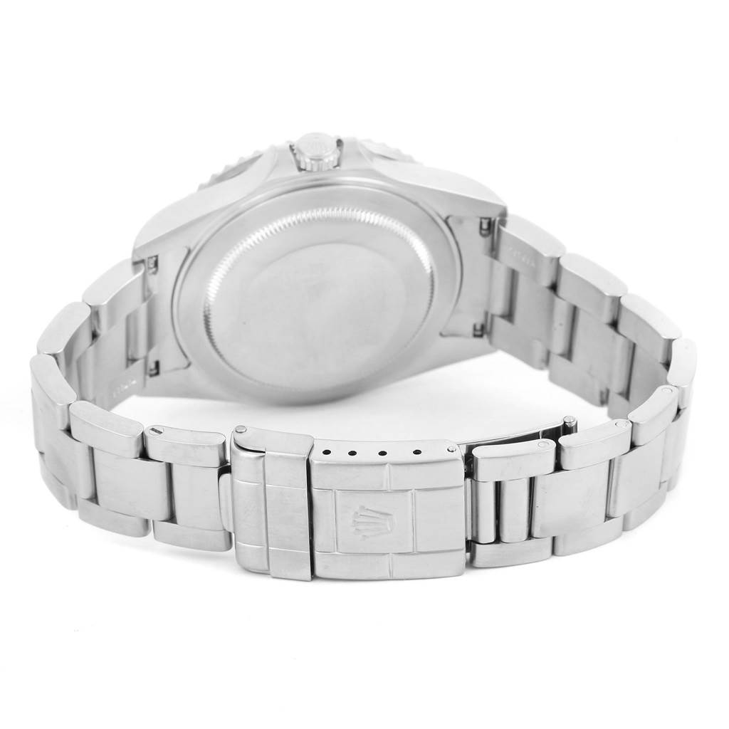 The image shows the rear view of the Rolex GMT-Master 16710 Men's Stainless Steel Black Dial 16710 Men's Stainless Steel Black Dial watch, focusing on the case back, crown, and bracelet with clasp.