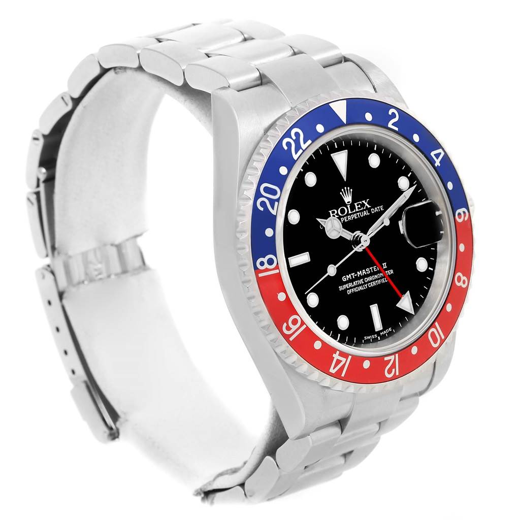 This image shows a Rolex GMT-Master 16710 Men's Stainless Steel Black Dial 16710 Men's Stainless Steel Black Dial watch from an angled side view, highlighting the bracelet, bezel, and dial.