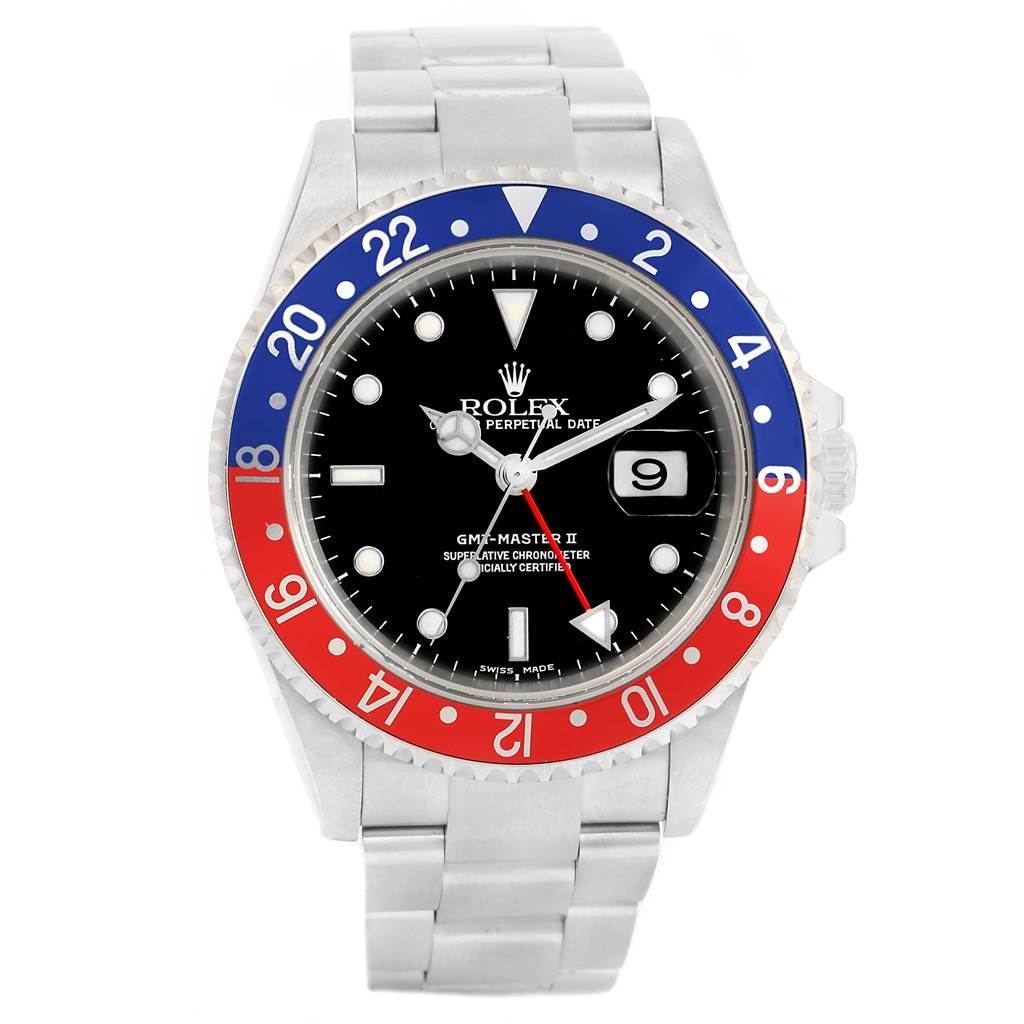 This Rolex GMT-Master 16710 Men's Stainless Steel Black Dial 16710 Men's Stainless Steel Black Dial II watch is shown from a front angle, displaying the dial, bezel, and bracelet.