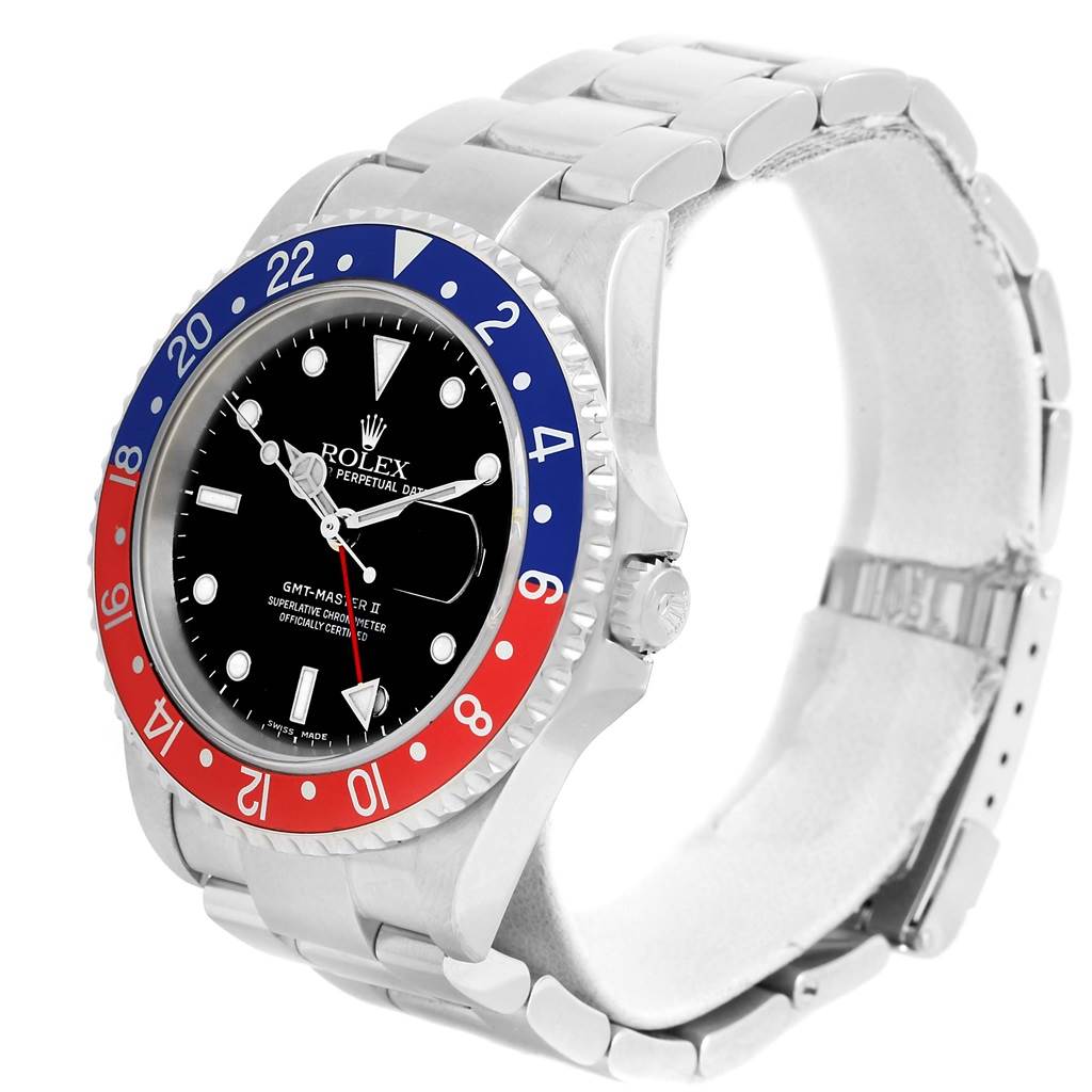 The Rolex GMT-Master 16710 Men's Stainless Steel Black Dial 16710 Men's Stainless Steel Black Dial watch is shown at a slight angle, highlighting the bezel, dial, and bracelet.