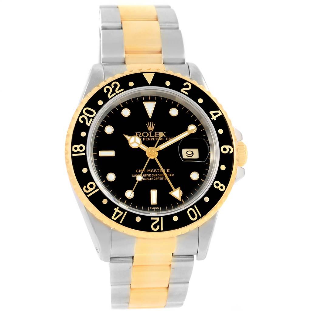 This Rolex GMT-Master 16713 Men's Stainless Steel Black Dial 16713 Men's Stainless Steel Black Dial II watch is shown from a front angle, displaying the dial, bezel, and bracelet.