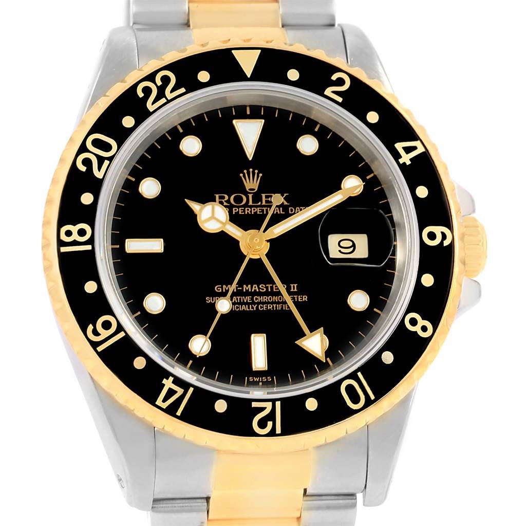 This image shows a frontal view of a Rolex GMT-Master 16713 Men's Stainless Steel Black Dial 16713 Men's Stainless Steel Black Dial II watch, highlighting the bezel, dial, hands, date, and crown.