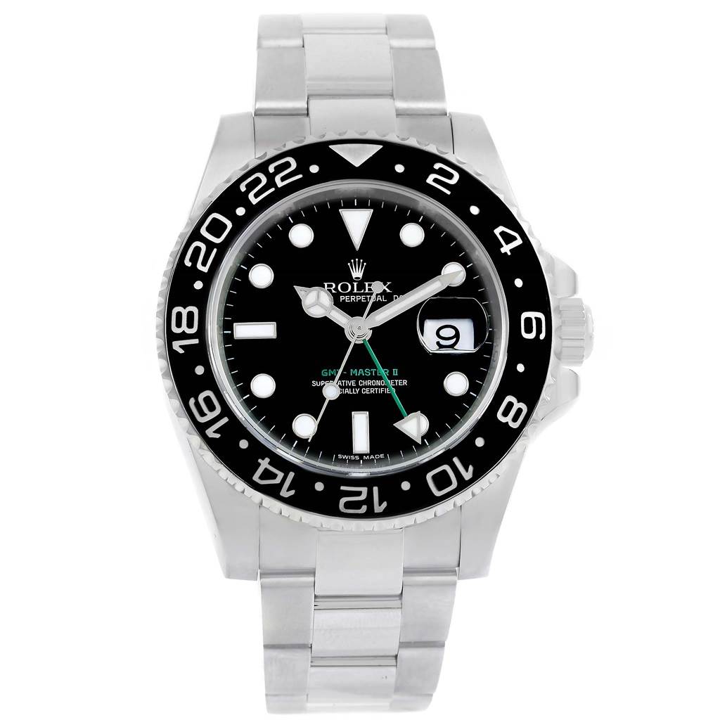 The Rolex GMT-Master 116710 Men's Stainless Steel Black Dial 116710 Men's Stainless Steel Black Dial watch is shown from a front angle, displaying the dial, bezel, crown, and bracelet.