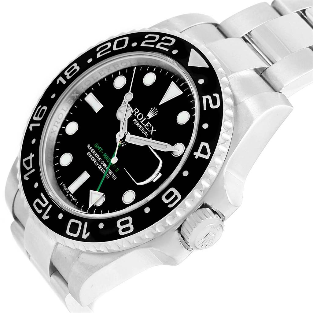 This image shows a Rolex GMT-Master 116710 Men's Stainless Steel Black Dial 116710 Men's Stainless Steel Black Dial watch from an angled side view, highlighting the bezel, dial, case, and bracelet.