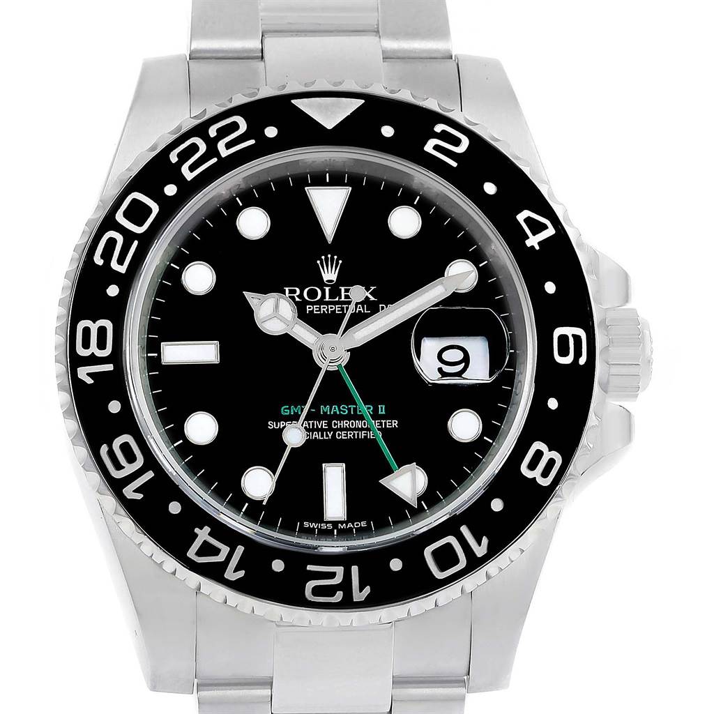 This image shows a front view of a Rolex GMT-Master 116710 Men's Stainless Steel Black Dial 116710 Men's Stainless Steel Black Dial II watch, including the bezel, dial, and bracelet.