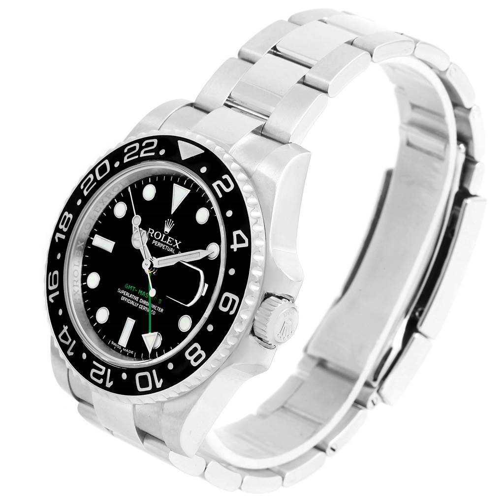 The image shows a Rolex GMT-Master 116710 Men's Stainless Steel Black Dial 116710 Men's Stainless Steel Black Dial watch from a front angle, highlighting its black dial, bezel, and stainless steel bracelet.