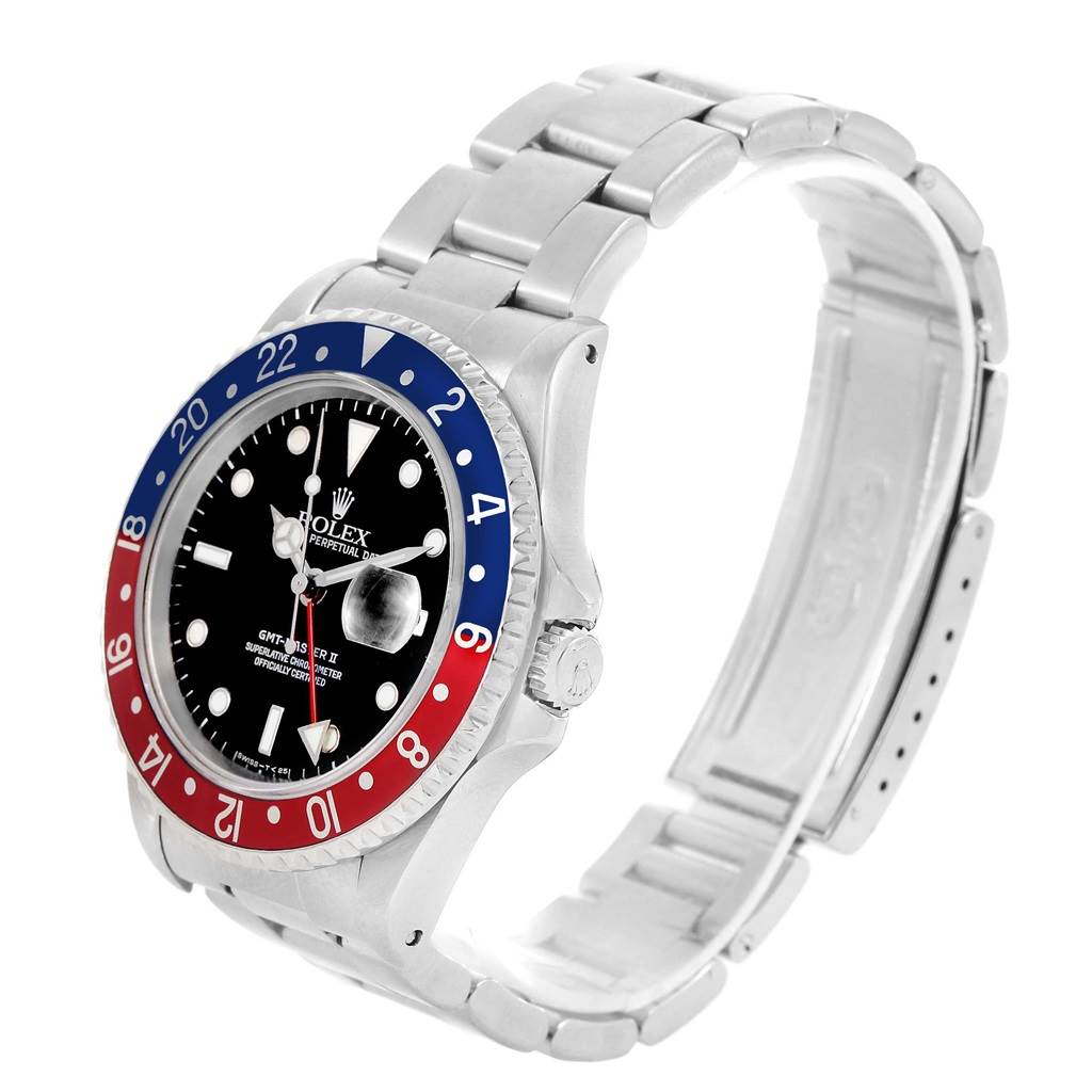 The Rolex GMT-Master 16710 Men's Stainless Steel Black Dial 16710 Men's Stainless Steel Black Dial watch is shown at a three-quarter angle, displaying the bezel, dial, crown, and bracelet.