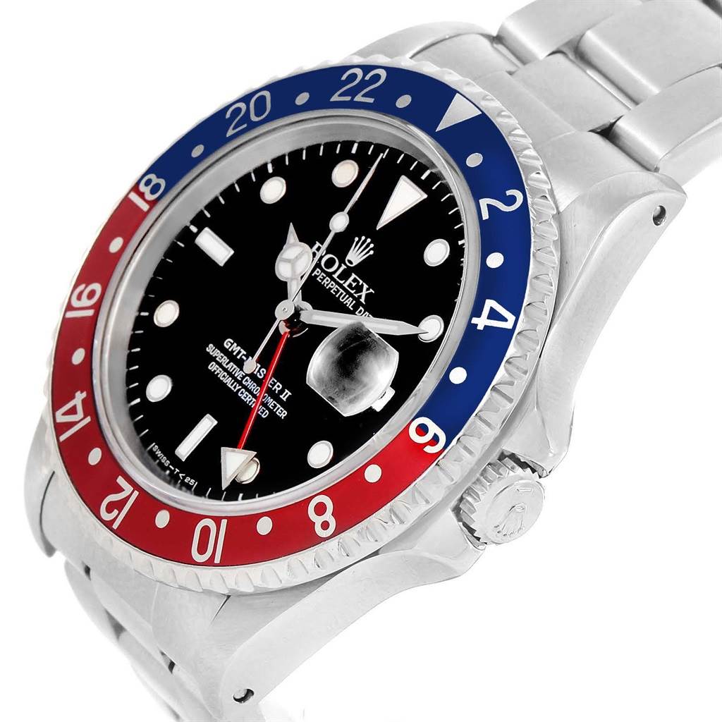 This image shows a close-up of a Rolex GMT-Master 16710 Men's Stainless Steel Black Dial 16710 Men's Stainless Steel Black Dial watch, highlighting its bezel, dial, crown, and part of the bracelet.