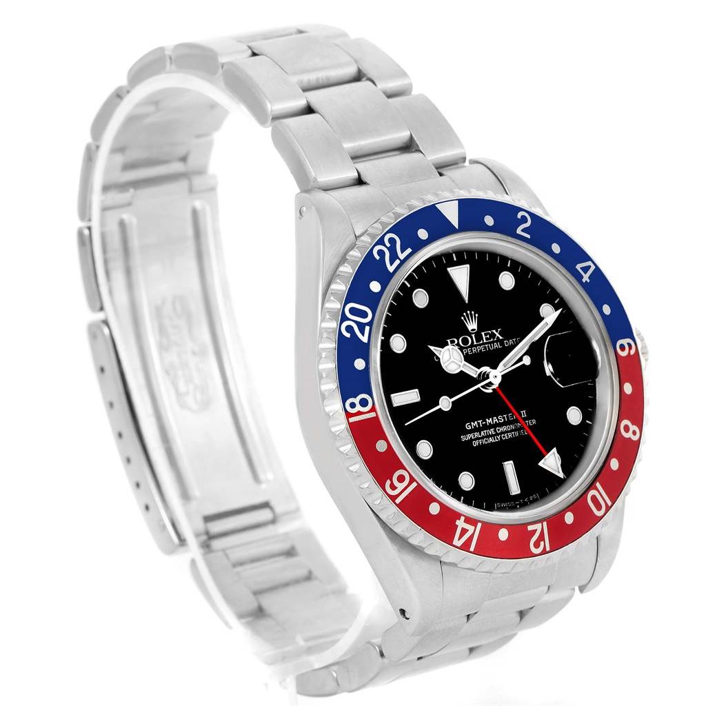 The Rolex GMT-Master 16710 Men's Stainless Steel Black Dial 16710 Men's Stainless Steel Black Dial watch is shown at a three-quarter angle, highlighting its bezel, dial, hands, and bracelet.