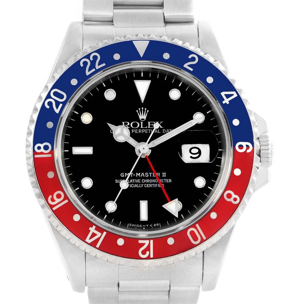 The Rolex GMT-Master 16710 Men's Stainless Steel Black Dial 16710 Men's Stainless Steel Black Dial II watch is shown from the front, highlighting its bezel, dial, and bracelet.