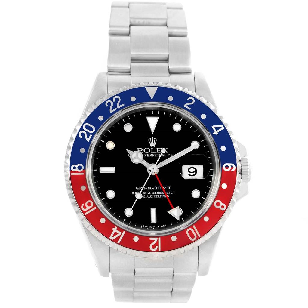 The image shows a front view of the Rolex GMT-Master 16710 Men's Stainless Steel Black Dial 16710 Men's Stainless Steel Black Dial II watch, displaying the bezel, dial, hands, and bracelet.