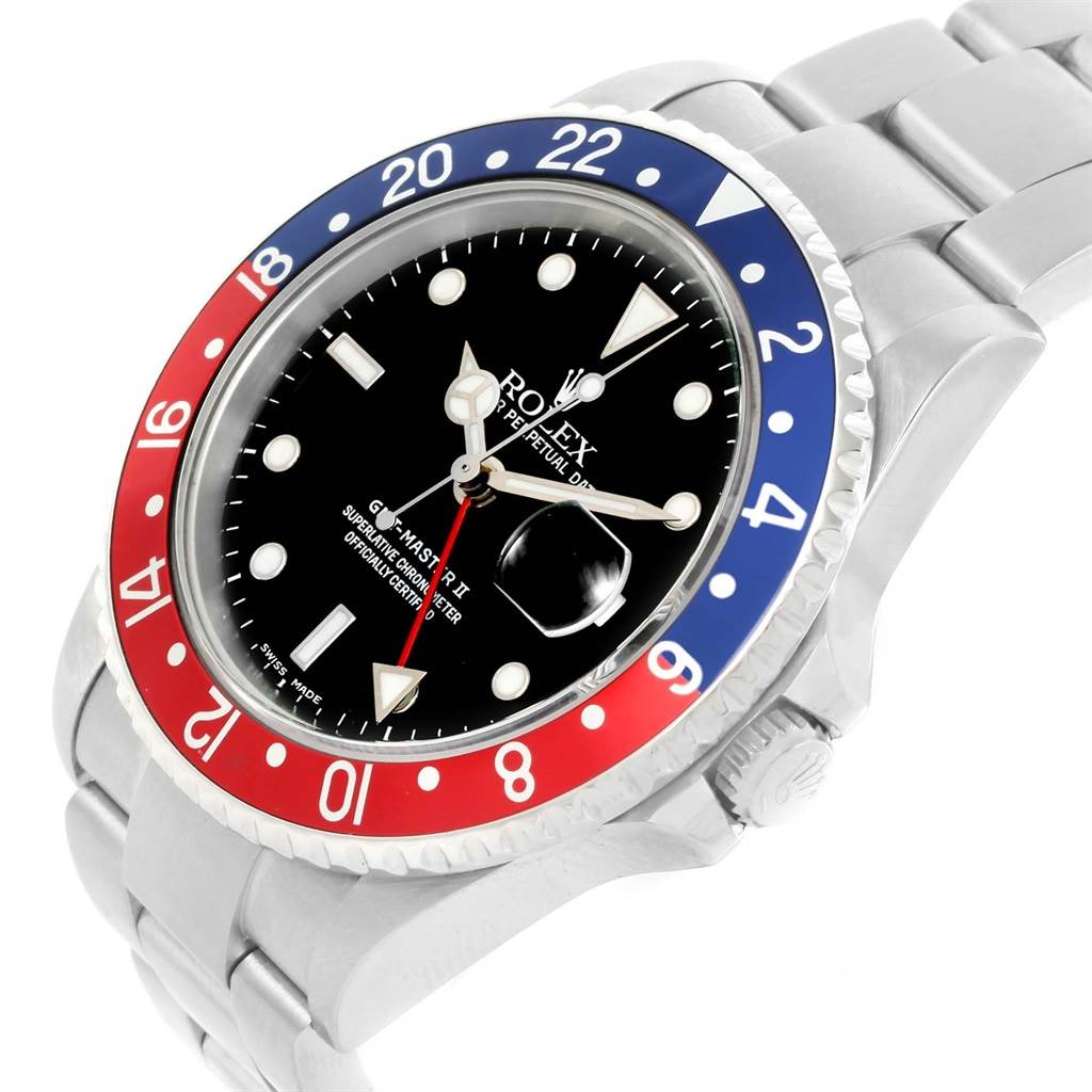 The Rolex GMT-Master 16710 Men
s Stainless Steel Black Dial 16710 Men
s Stainless Steel Black Dial watch is shown at a three-quarter angle, highlighting the bezel, dial, and part of the bracelet.