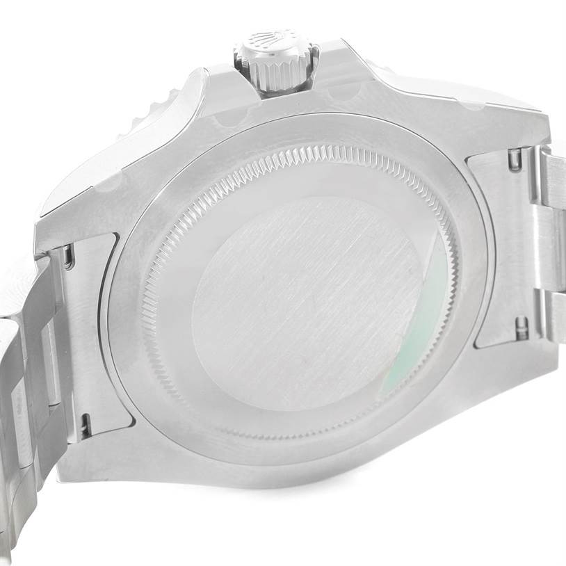 This image shows the case back and crown of a Rolex GMT-Master 116710 Men's Stainless Steel Black Dial 116710 Men's Stainless Steel Black Dial watch.