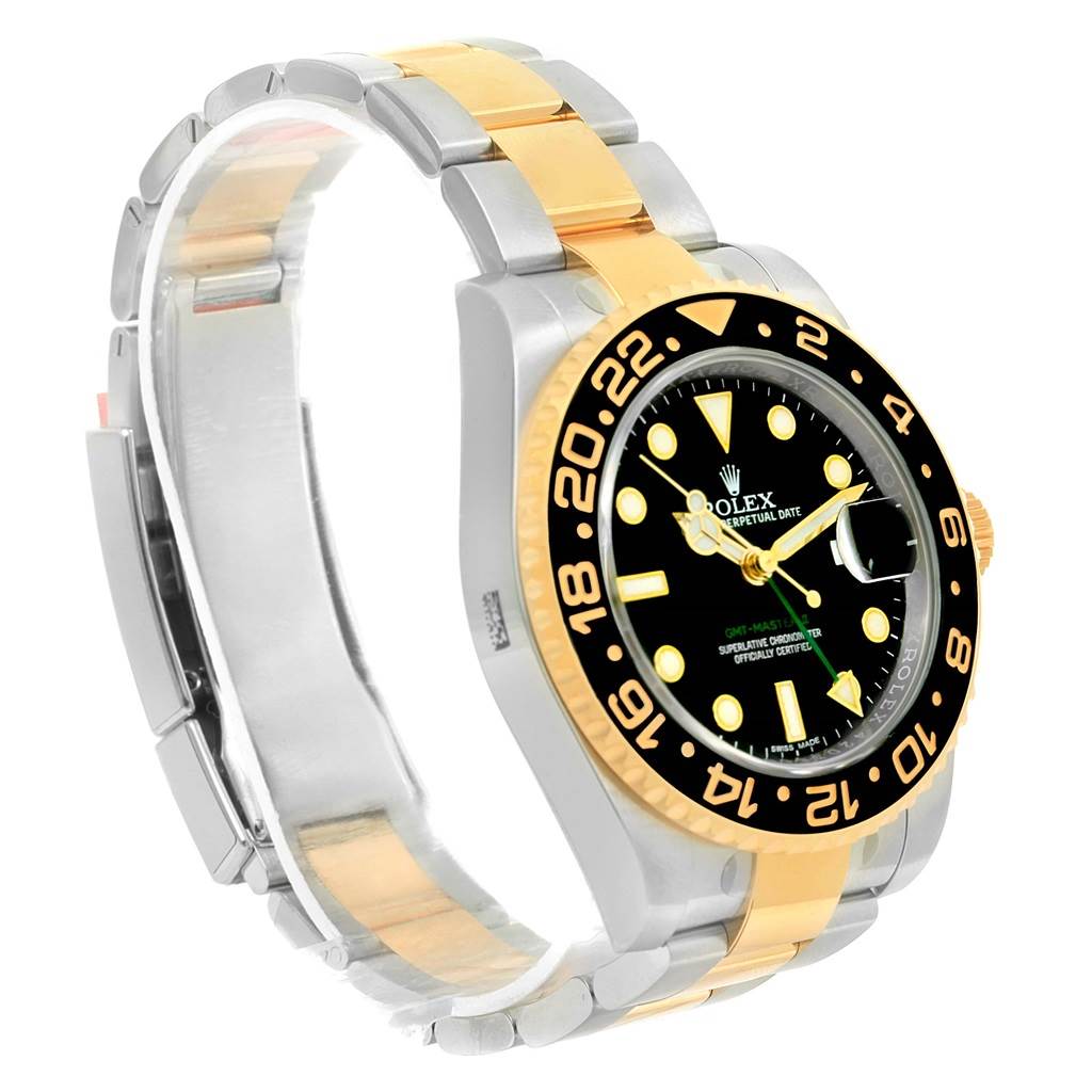This Rolex GMT-Master 116713 Men's Stainless Steel Black Dial 116713 Men's Stainless Steel Black Dial watch is shown at an angled side view highlighting the bezel, dial, and two-tone bracelet.