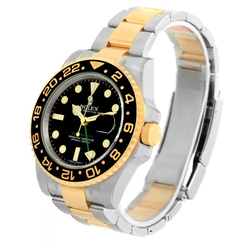 The image shows a Rolex GMT-Master 116713 Men's Stainless Steel Black Dial 116713 Men's Stainless Steel Black Dial watch at a 3/4 angle, displaying the dial, bezel, and bracelet.