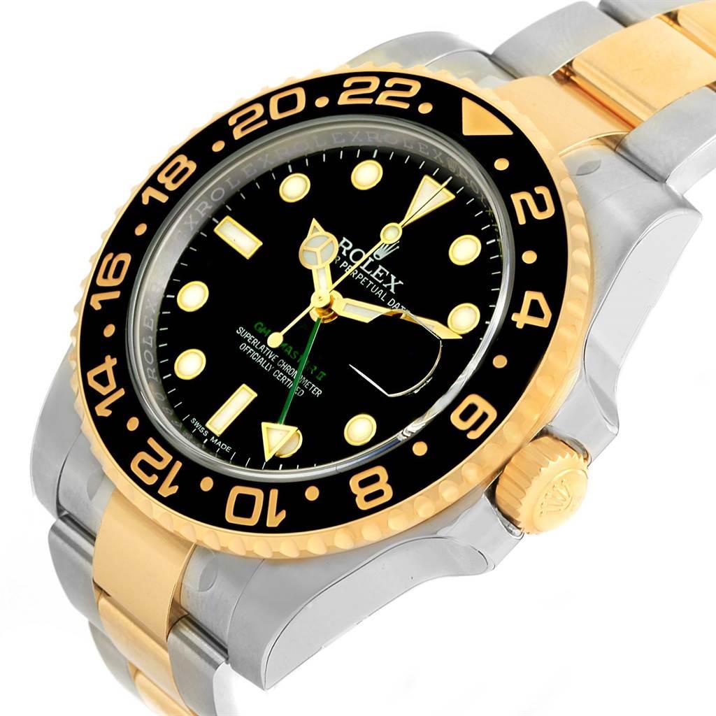 The image shows a Rolex GMT-Master 116713 Men's Stainless Steel Black Dial 116713 Men's Stainless Steel Black Dial watch at a slight angle, displaying its bezel, dial, crown, and part of its bracelet.