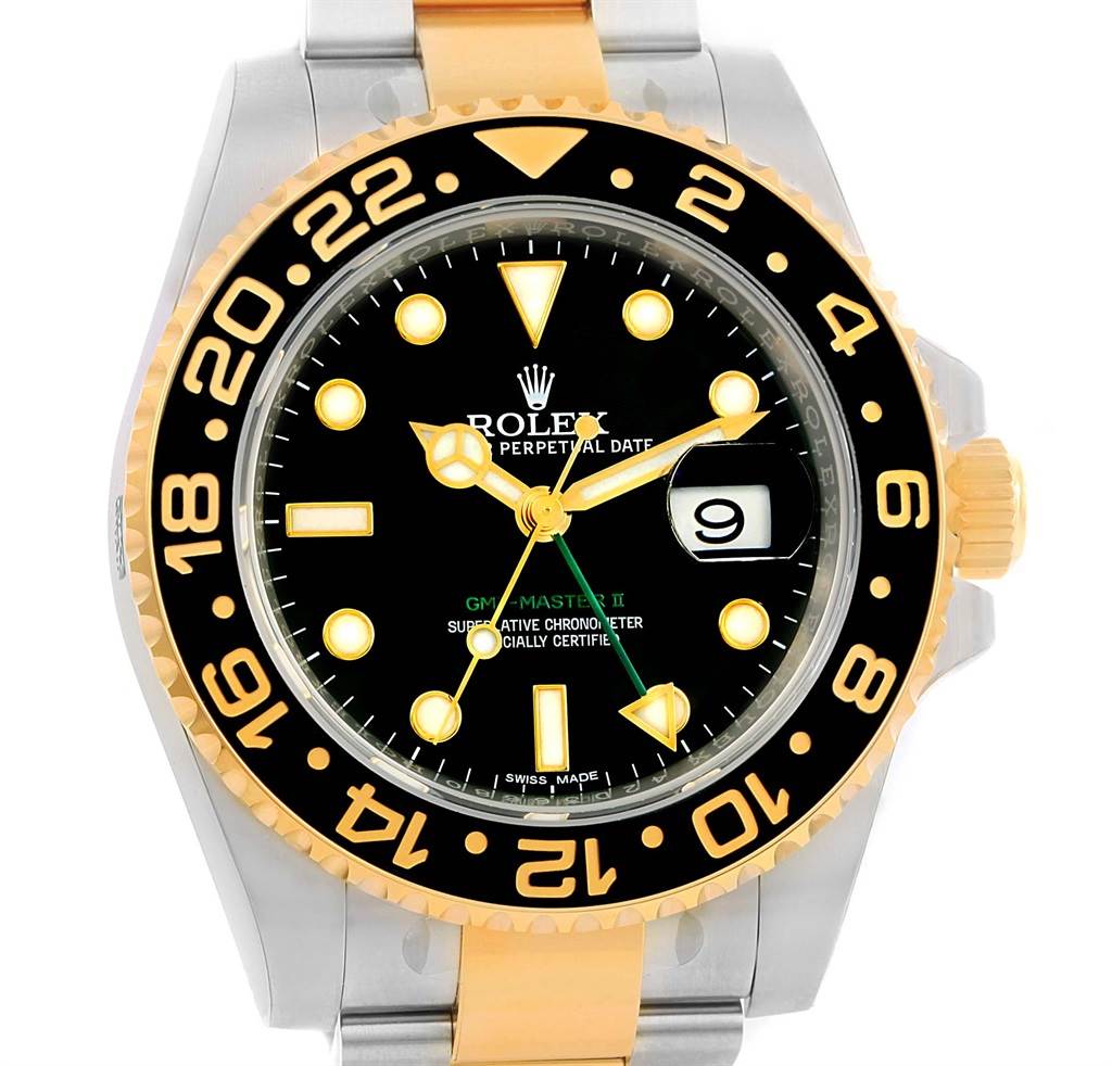 The image shows a front view of a Rolex GMT-Master 116713 Men's Stainless Steel Black Dial 116713 Men's Stainless Steel Black Dial II watch, highlighting the bezel, dial, hands, and date function.