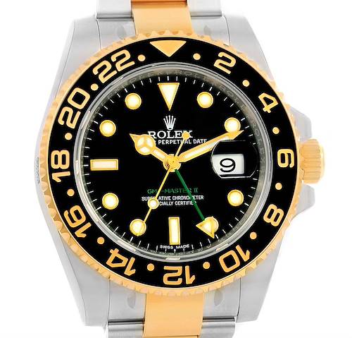 Photo of Rolex GMT Master II Yellow Gold Steel Black Dial Watch 116713 Unworn