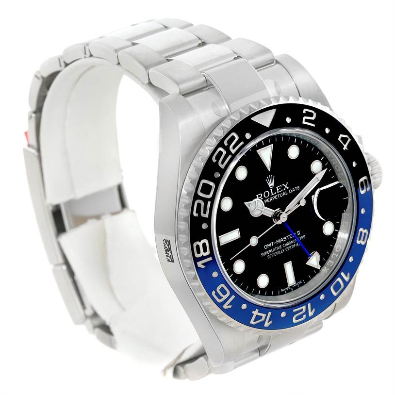 The image shows a side angle of the Rolex GMT-Master 116710 Men's Stainless Steel Black Dial 116710 Men's Stainless Steel Black Dial watch, highlighting the watch face, bezel, crown, and part of the bracelet.