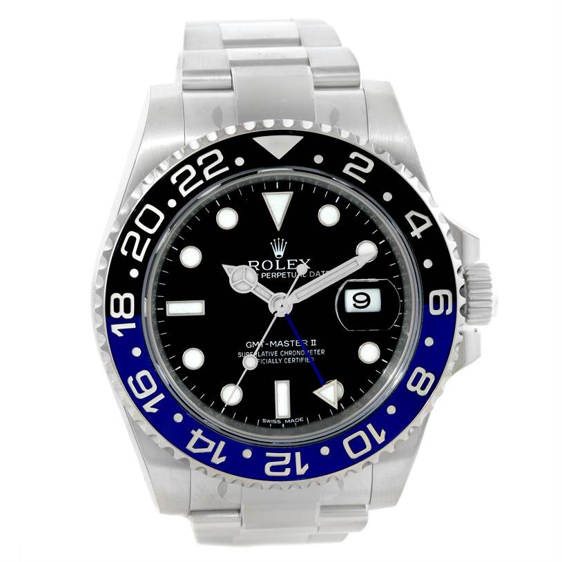 The image shows a front view of a Rolex GMT-Master 116710 Men's Stainless Steel Black Dial 116710 Men's Stainless Steel Black Dial II with its full dial and bracelet visible.