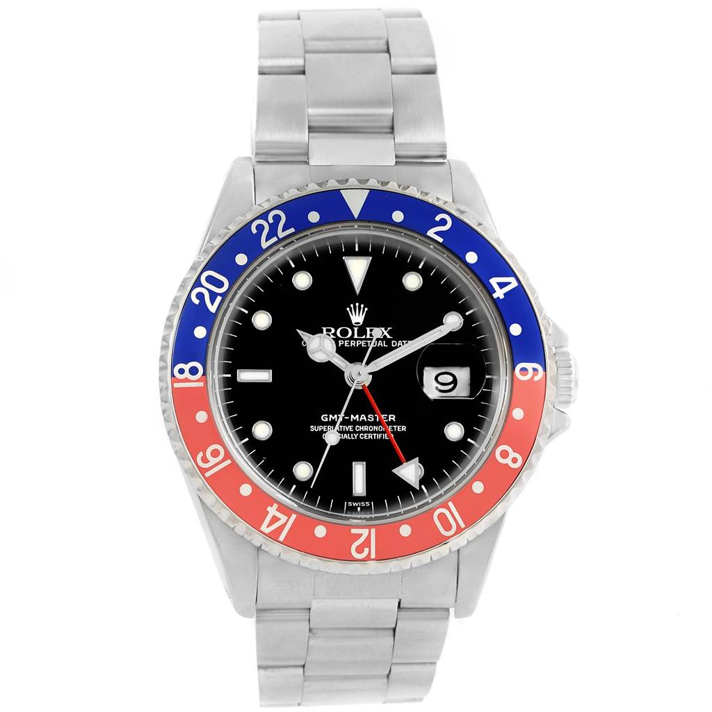 This image shows a Rolex GMT-Master 16700 Men's Stainless Steel Black Dial 16700 Men's Stainless Steel Black Dial watch from a front angle, featuring the dial, bezel, and bracelet.