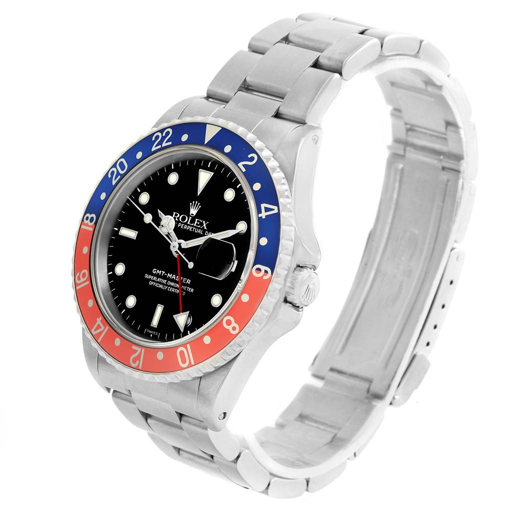 The Rolex GMT-Master 16700 Men's Stainless Steel Black Dial 16700 Men's Stainless Steel Black Dial watch is shown at an angled view, displaying the face, bezel, and part of the bracelet.