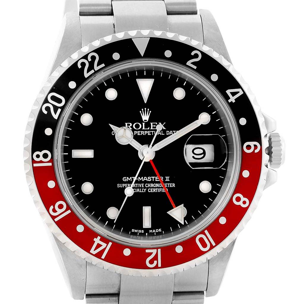 The image shows a front view of the Rolex GMT-Master 16710 Men's Stainless Steel Black Dial 16710 Men's Stainless Steel Black Dial II watch, displaying the dial, bezel, and part of the bracelet.