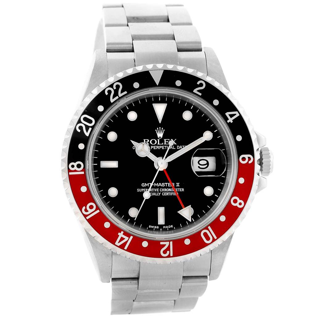 The image shows a front view of a Rolex GMT-Master 16710 Men's Stainless Steel Black Dial 16710 Men's Stainless Steel Black Dial II watch with a red and black bezel and a stainless steel bracelet.