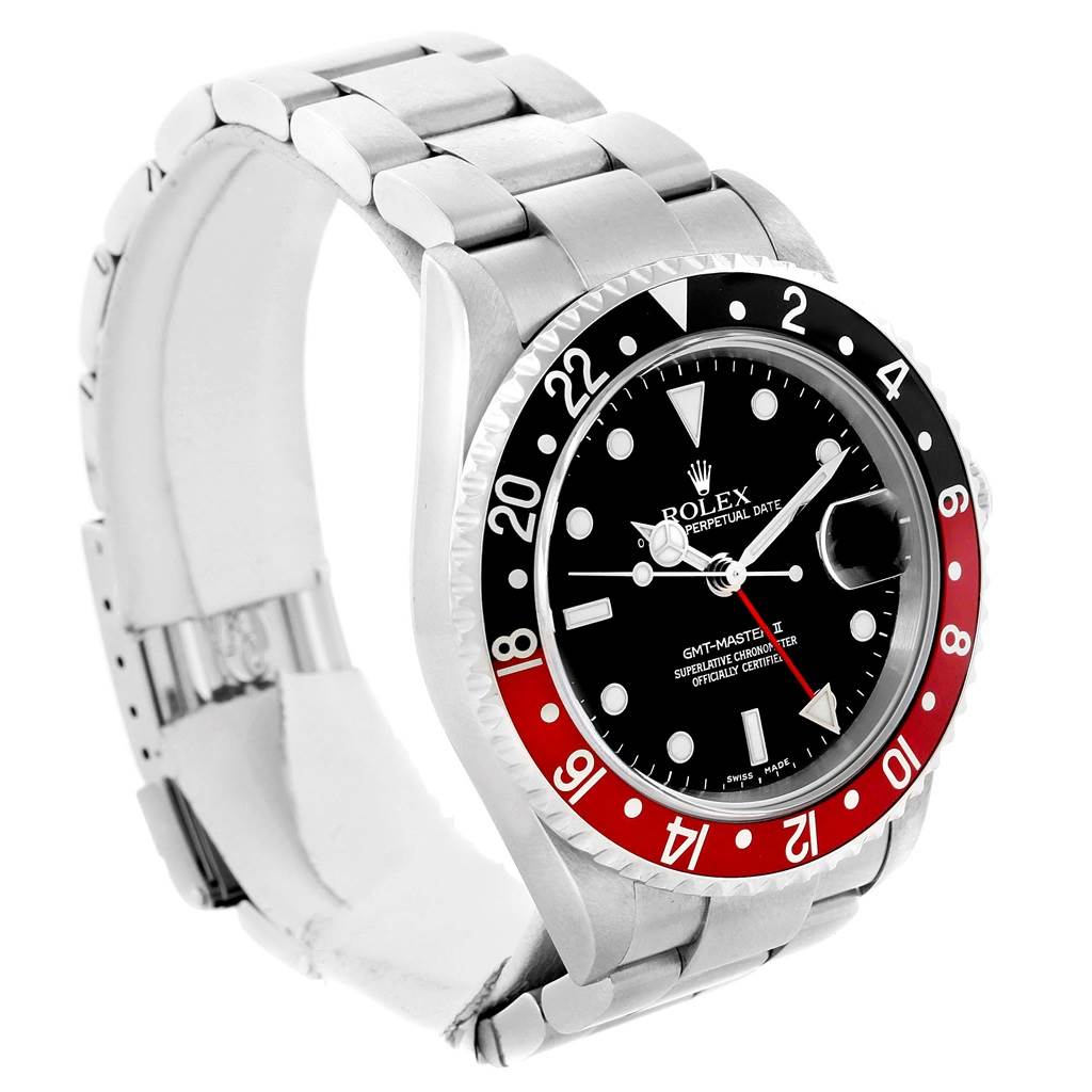 The image shows a side angle of the Rolex GMT-Master 16710 Men's Stainless Steel Black Dial 16710 Men's Stainless Steel Black Dial watch, displaying the bezel, dial, and bracelet.