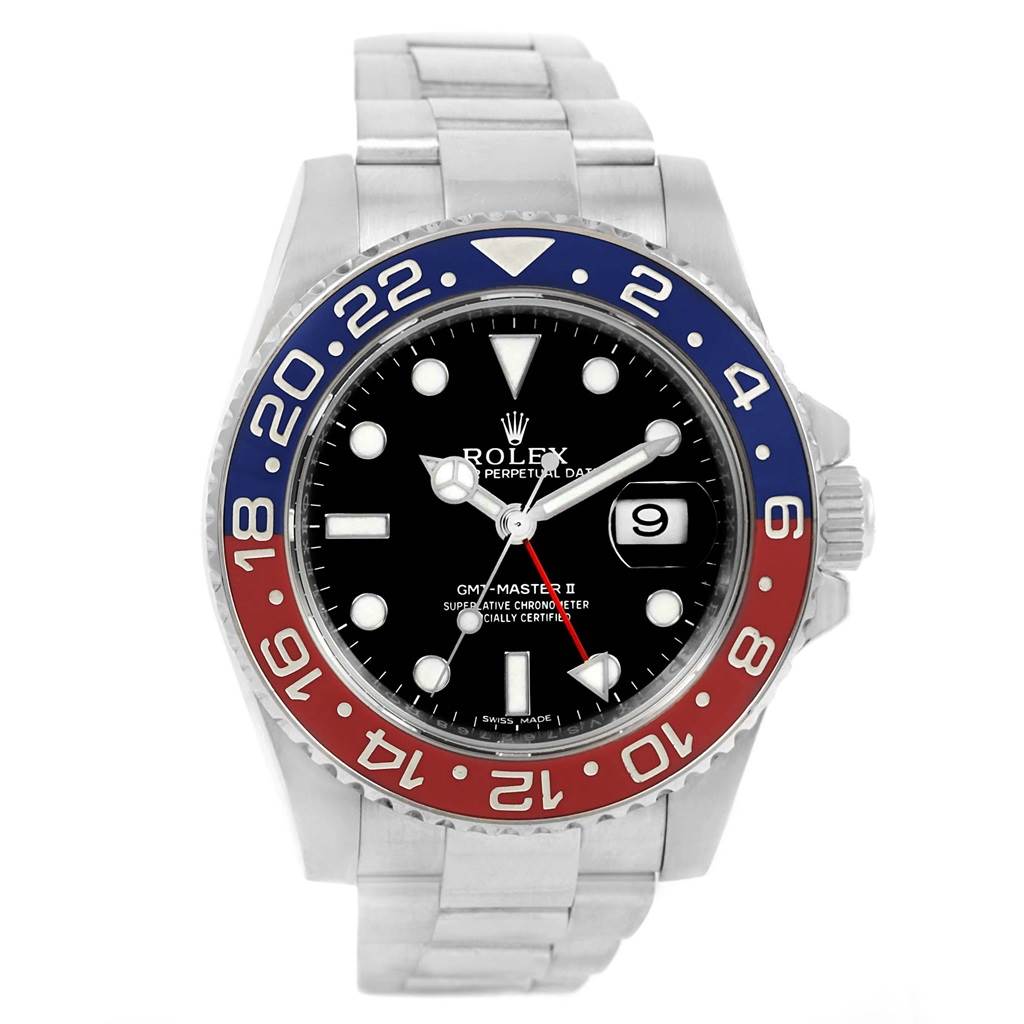 The image shows a front view of a Rolex GMT-Master 116719 Men
s White Gold Black Dial 116719 Men
s White Gold Black Dial II watch, displaying its bezel, dial, bracelet, and date window.