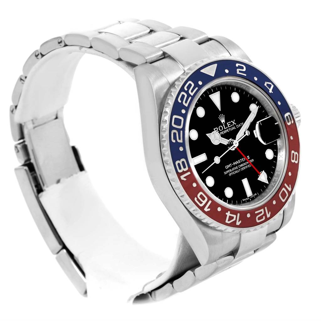 The image shows a tilted side view of a Rolex GMT-Master 116719 Men
s White Gold Black Dial 116719 Men
s White Gold Black Dial watch, highlighting the bezel, dial, and bracelet.