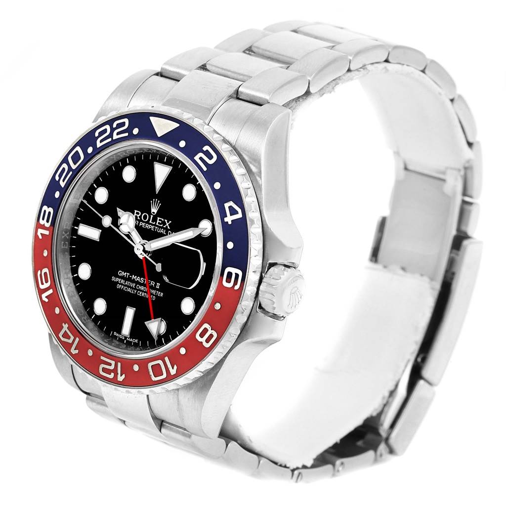 This image shows a side and front view of the Rolex GMT-Master 116719 Men
s White Gold Black Dial 116719 Men
s White Gold Black Dial watch, highlighting its bezel, dial, and bracelet.