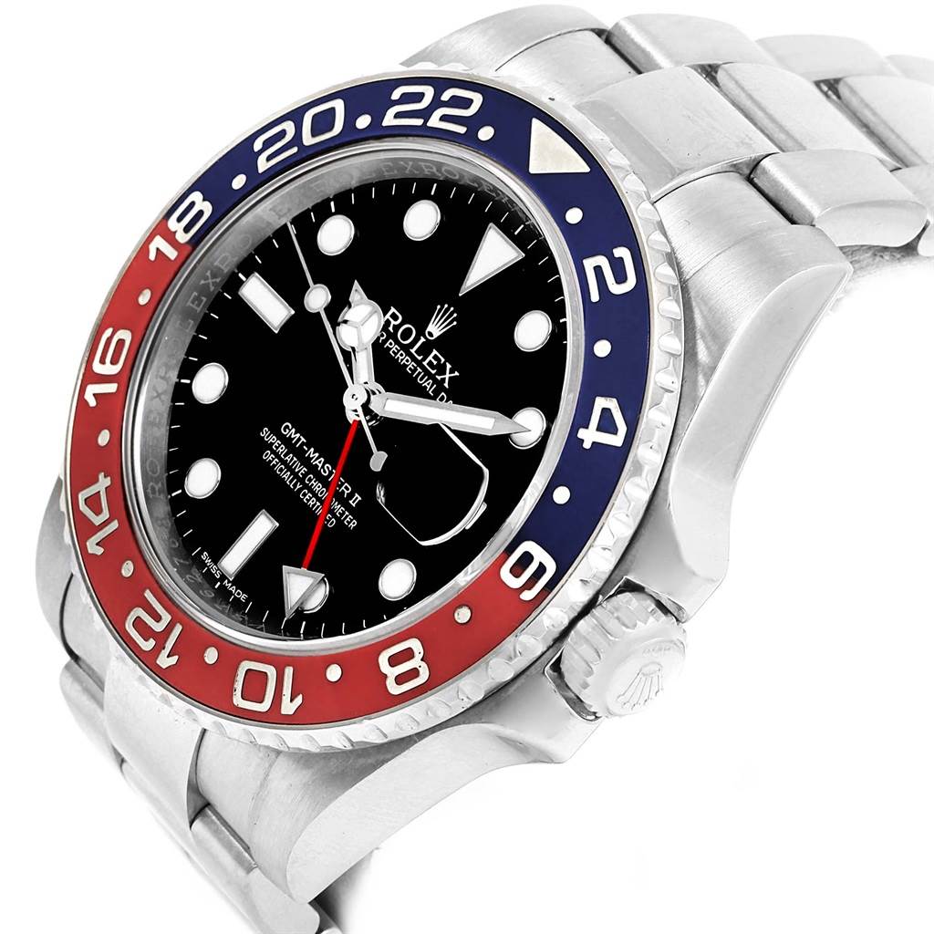 The image shows a side angle of a Rolex GMT-Master 116719 Men
s White Gold Black Dial 116719 Men
s White Gold Black Dial, highlighting the bezel, dial, and bracelet.