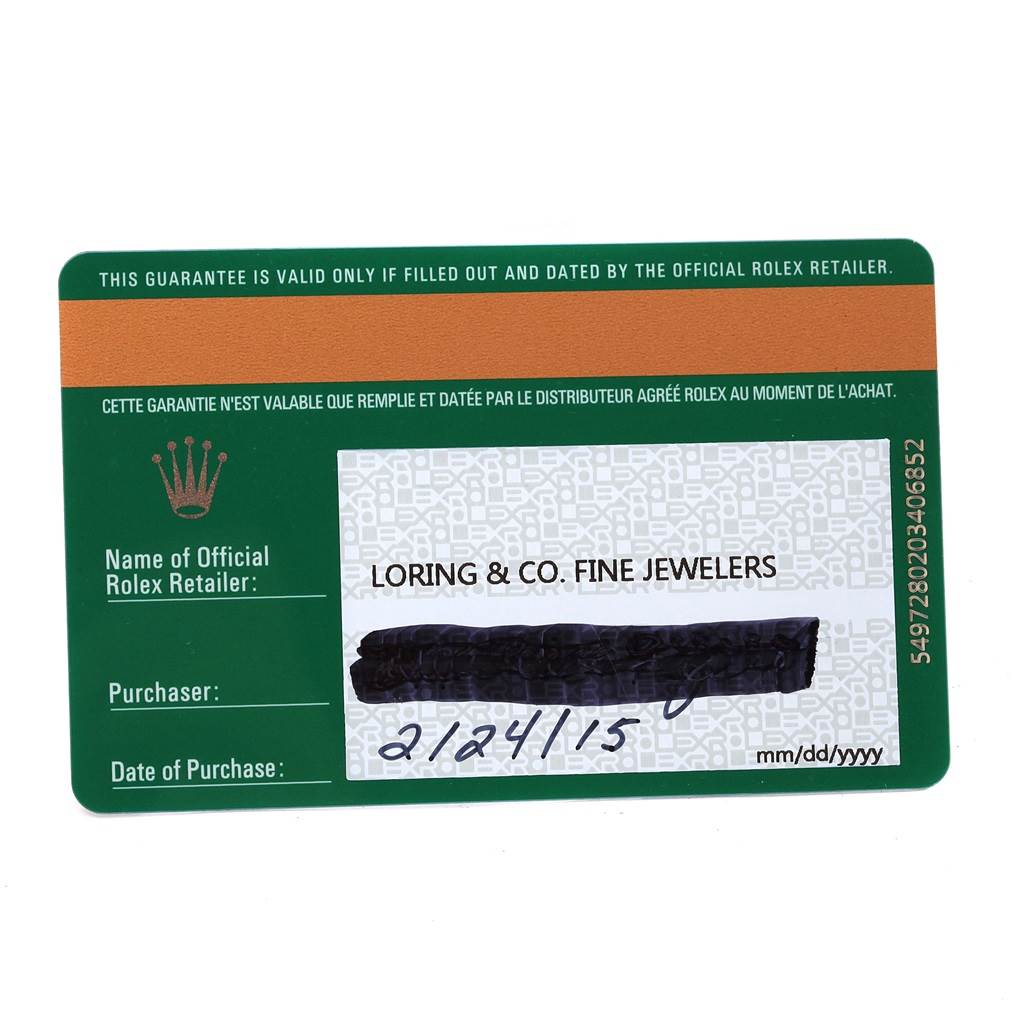 This image shows a warranty card for a Rolex GMT-Master 116719 Men
s White Gold Black Dial 116719 Men
s White Gold Black Dial watch from the retailer Loring 
Co. Fine Jewelers.