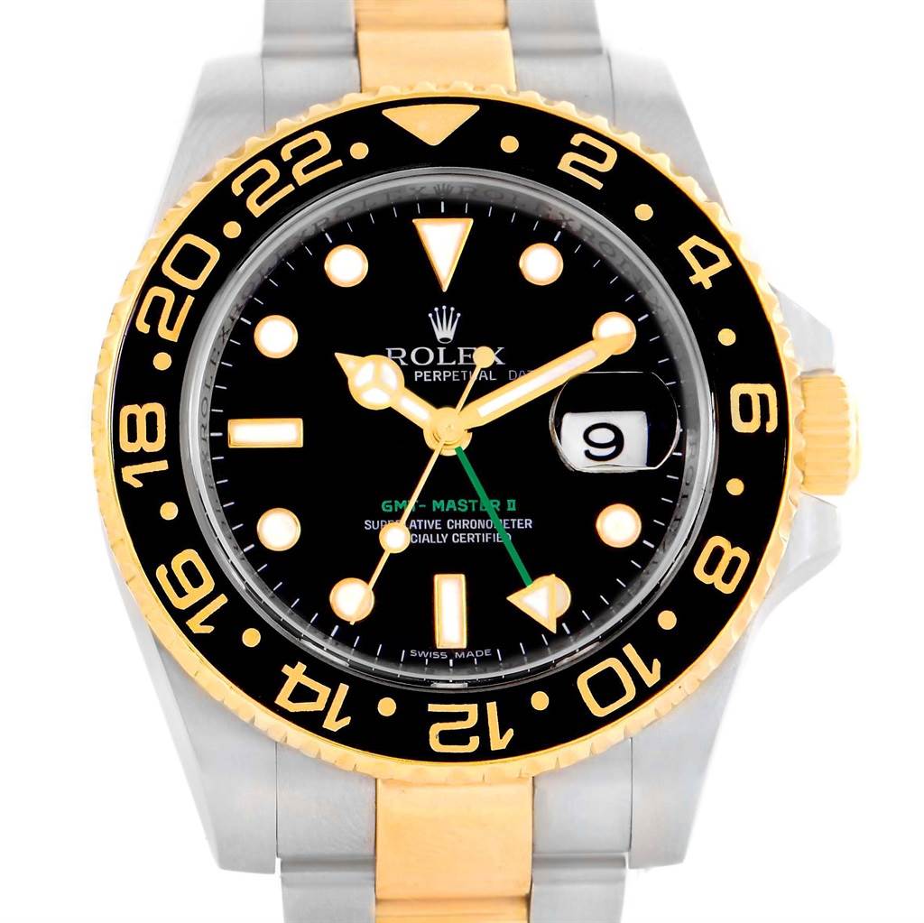 The image shows a front view of a Rolex GMT-Master 116713 Men's Stainless Steel Black Dial 116713 Men's Stainless Steel Black Dial II watch, highlighting its bezel, dial, and part of the bracelet.