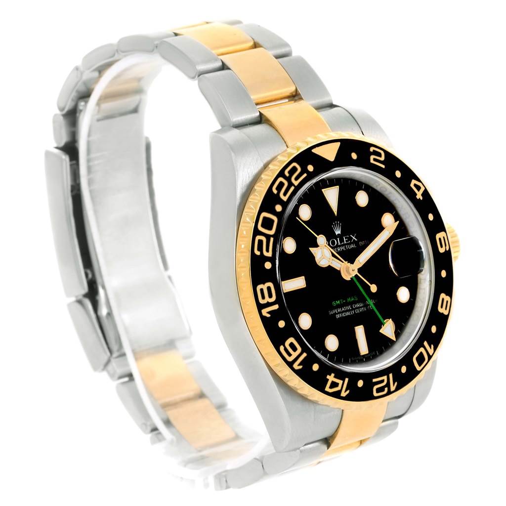 The image shows a side angle of a Rolex GMT-Master 116713 Men's Stainless Steel Black Dial 116713 Men's Stainless Steel Black Dial watch, highlighting its bezel, dial, and two-tone bracelet.