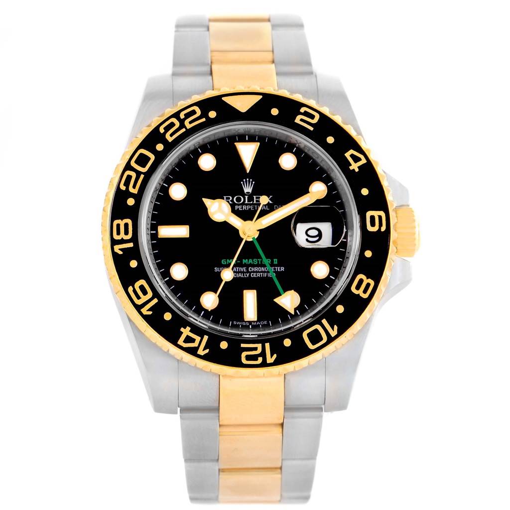 The image shows a front view of a Rolex GMT-Master 116713 Men's Stainless Steel Black Dial 116713 Men's Stainless Steel Black Dial II watch, highlighting its bezel, dial, and bracelet.